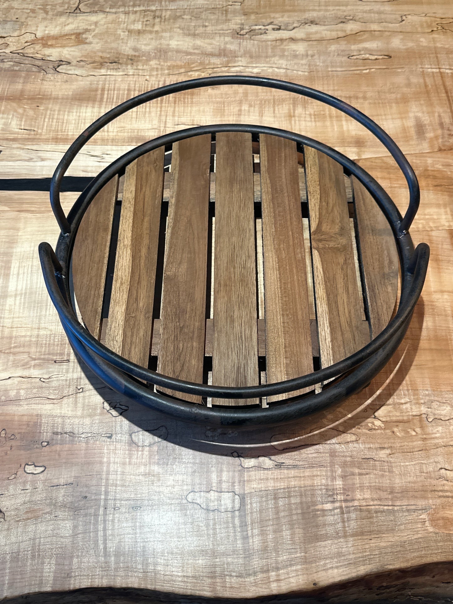 Round wood plank serving tray